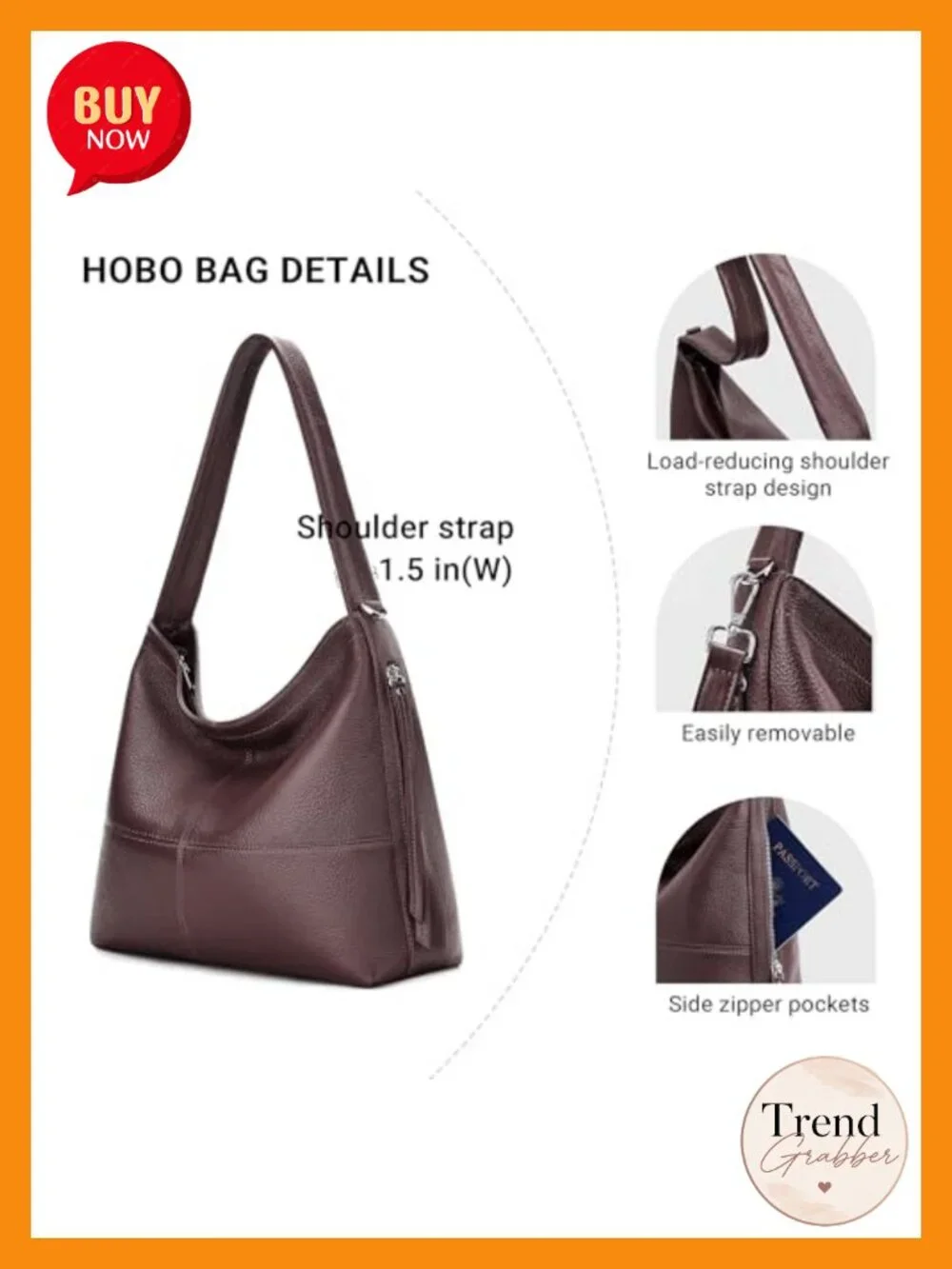 Genuine Leather Hobo Bag Crossbody Purse Work Tote Shoulder Handbag with 2